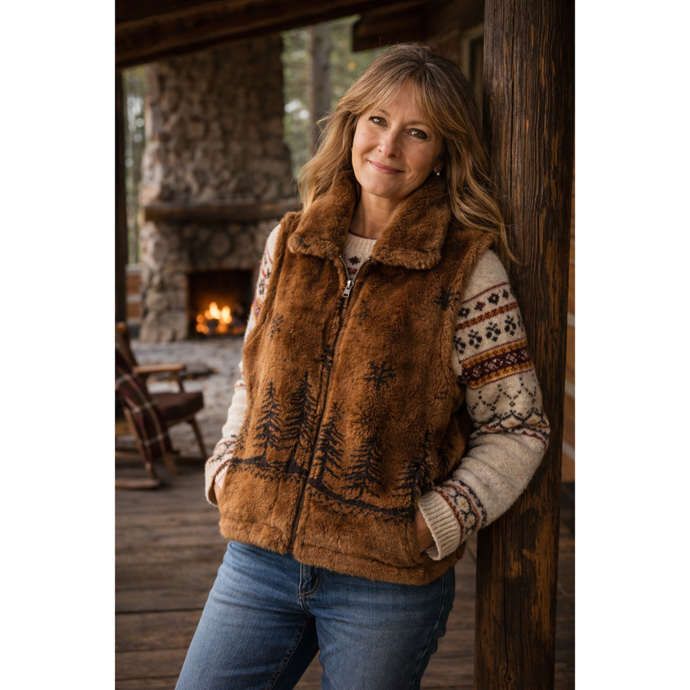 VTG Cobblestone Canyon Winter Trees Brown Vest Fleece Faux Fur Size M